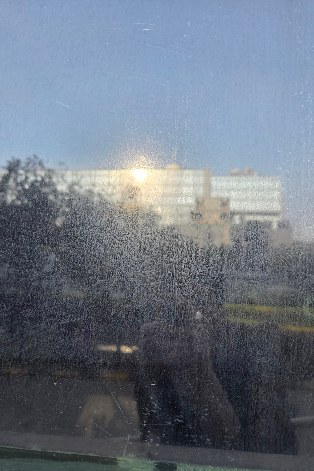Before — hard water mineral stains on commercial glass facade Bangalore